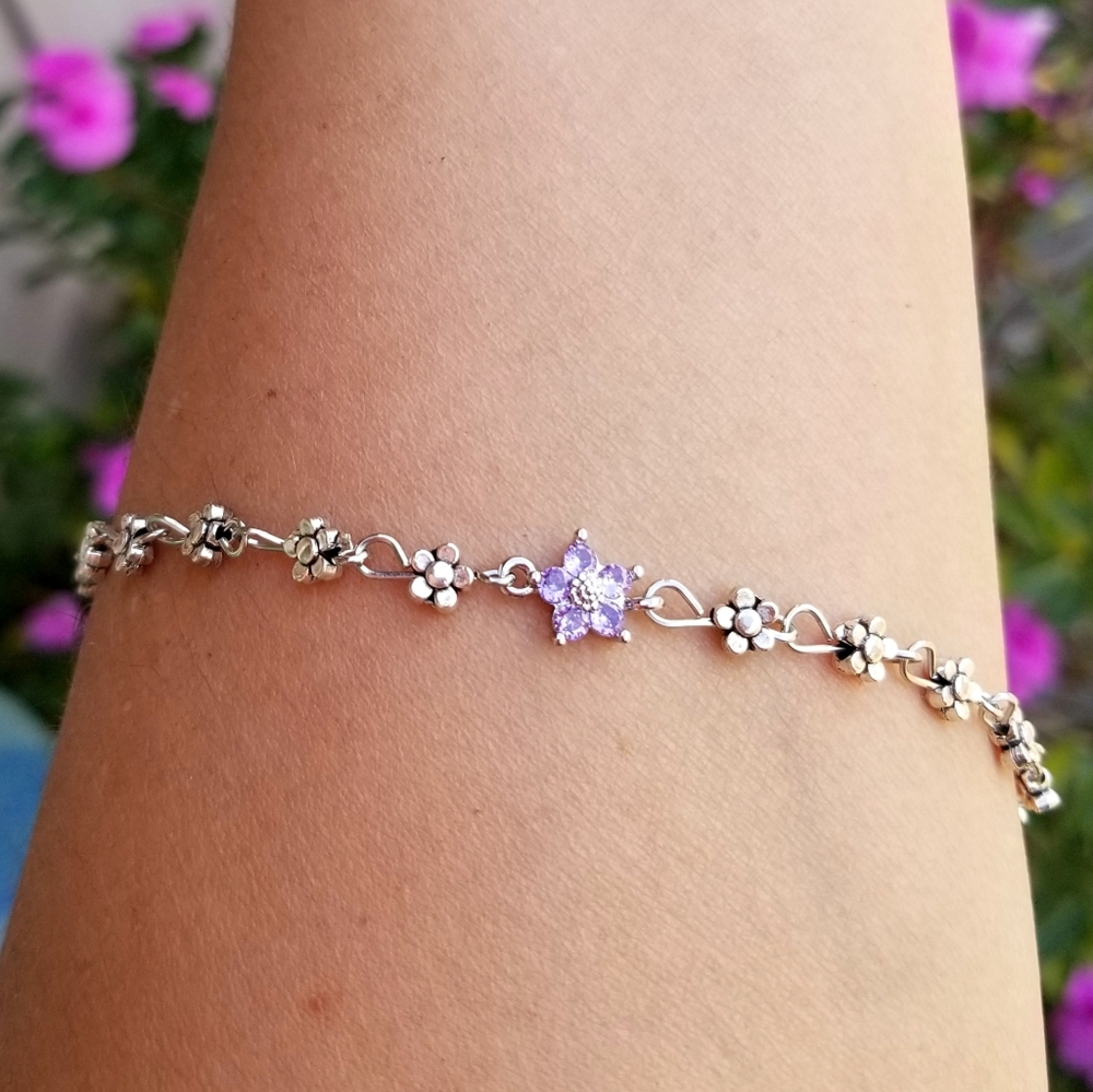 Purple Crystal Flower Anklet, Daisy Anklet, Flower Ankle Bracelet, Anklets